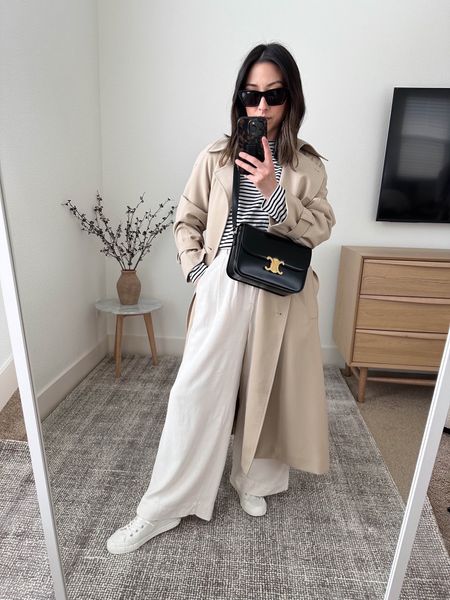 White trousers for spring.  These are great and petite-friendly!  Z Supply Farah pants. 

Trench - Oak & Fort xxs
Tee - AYR xs
Pants - z Supply xs
Sneakers - Tretorn 5
Bag - Celine Triomphe medium
Sunglasses - YSL 

Spring outfits, spring style, sneakers, purse 

#LTKitbag #LTKshoecrush #LTKSeasonal