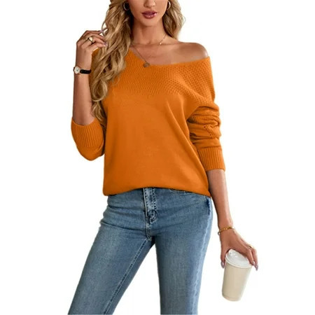 Solid Color Round Neck Textured Detail Knit Sweater for Women Orange Small | Walmart (US)