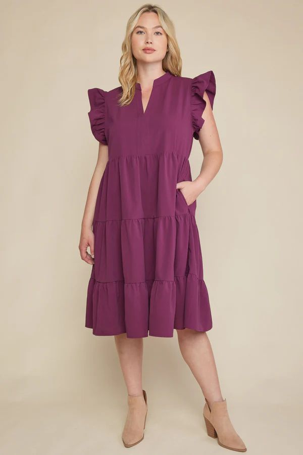 DANI TIERED MIDI DRESS IN EGGPLANT: PLUS SIZE | Indigeaux Denim Bar & Boutique