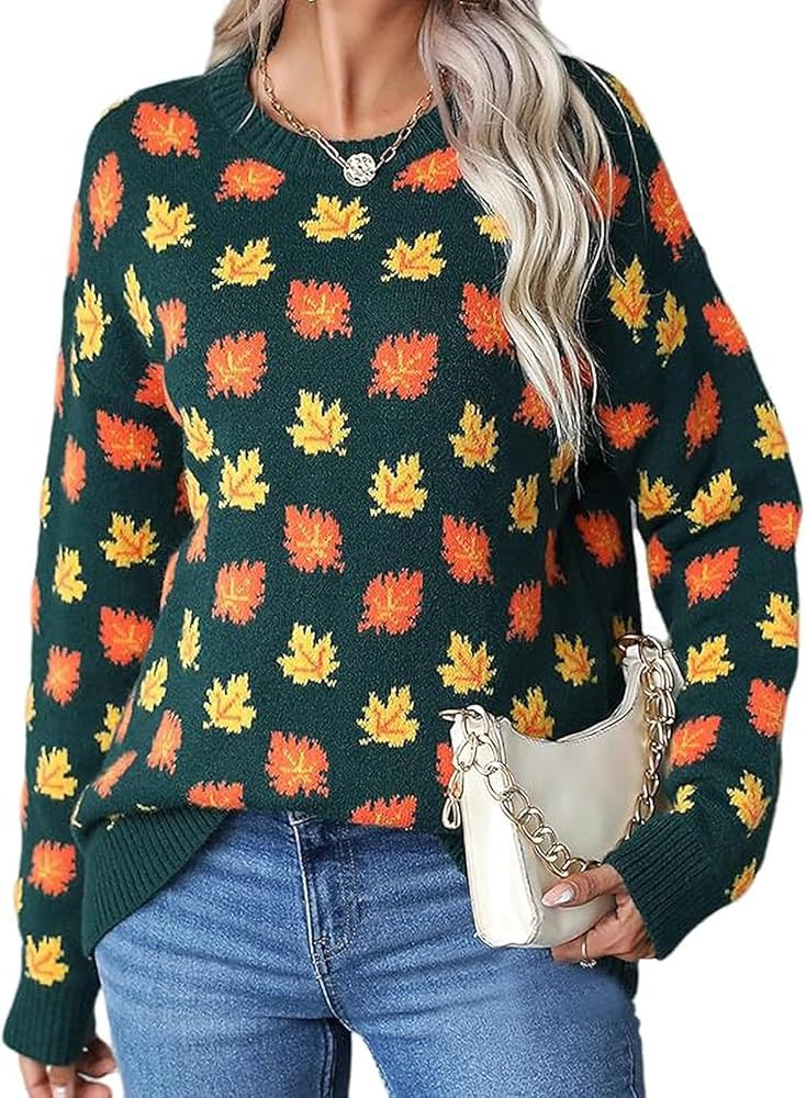 Chvity Women's Fall Leaf Trendy Jacquard Sweater Casual Knitted Soft Cozy Pullover Sweaters | Amazon (US)