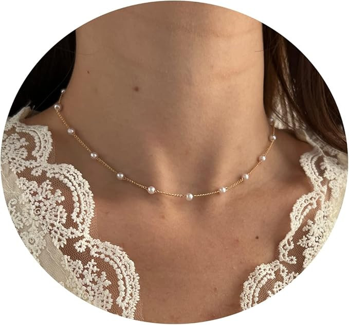 Dainty Pearl Necklace for Woman, Gold and Pearl Necklace, Boho Long Faux Pearl Necklace for Beach... | Amazon (US)