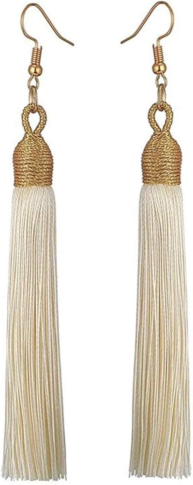 KLFrogPond Boho Thread Long Tassel Dangle Drop Colorful Fringe Earrings Silk Fabric Ethnic Vintag... | Amazon (US)