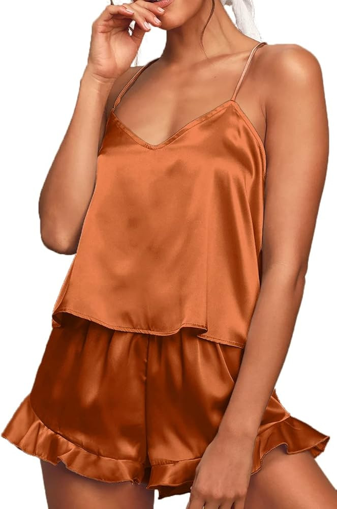 CHYRII Women's Sexy Silk Satin Ruffled Pajamas Sets Cami Shorts Sets Sleepwear | Amazon (US)