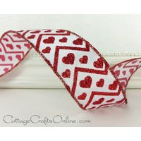 Valentine Wired Ribbon, 1.5"" Wide, Glittered Red Hearts Chevron Stripes - Three Yards Offray ~ Heart Beat Wire Edged | Etsy (US)