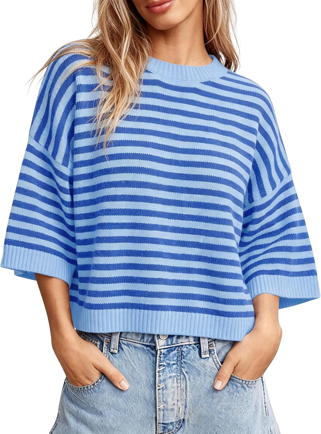 Springrain Women Striped Knit Sweater Crew Neck Tops Pullover | Amazon (US)