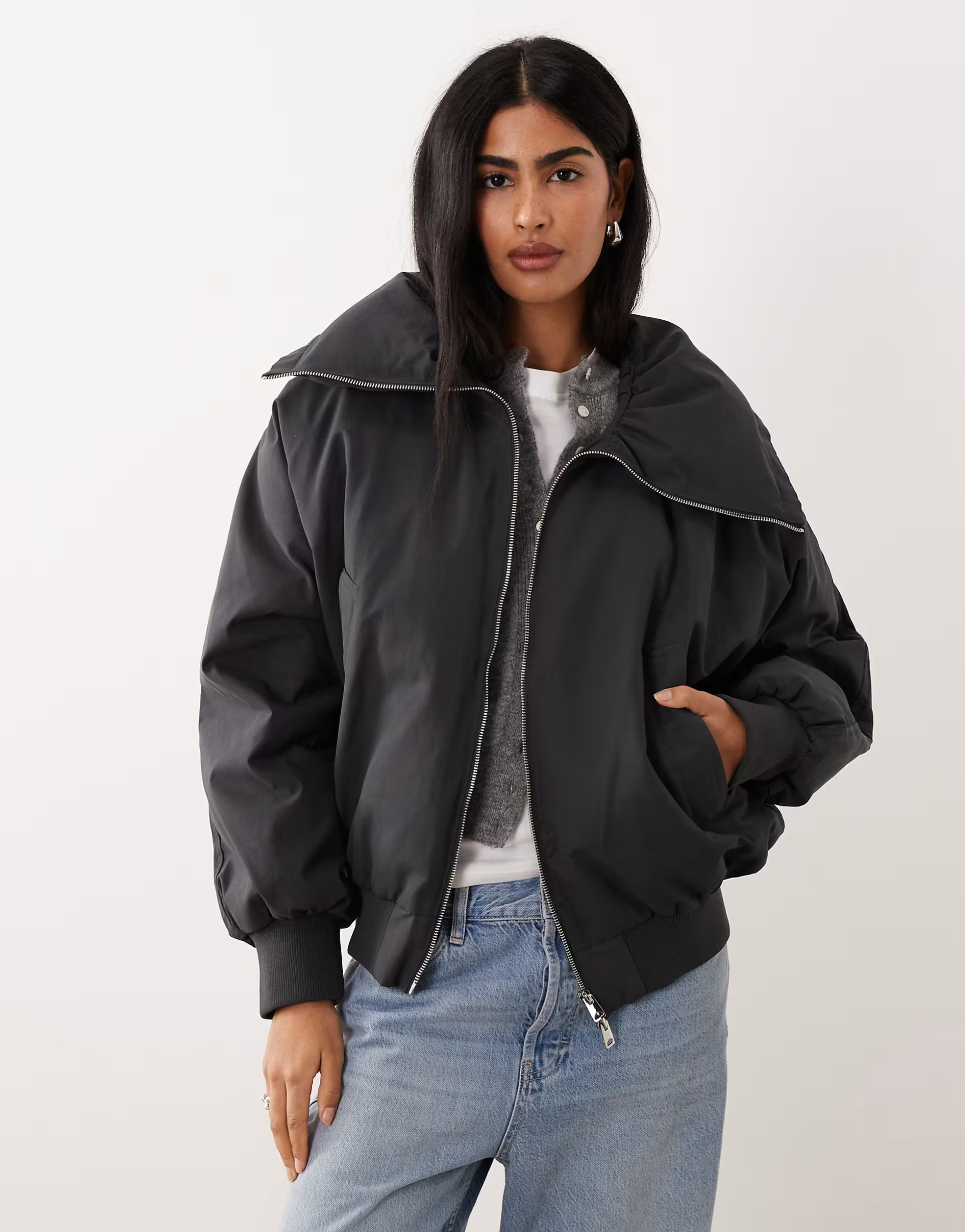 Mango padded zip through bomber jacket in grey | ASOS | ASOS (Global)