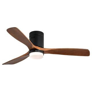 Sofucor 52 in. LED Indoor/Outdoor Flush Mount  Matte Black Ceiling Fan with Wood Blades, 6-Speed ... | The Home Depot