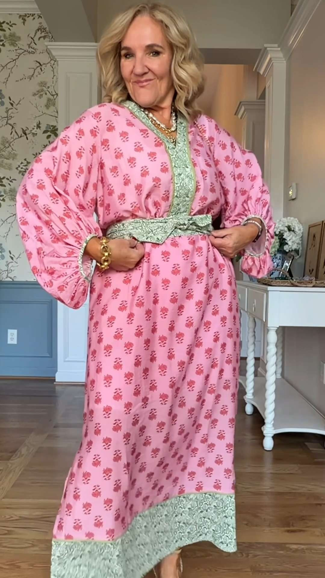The pink print is playful, the contrast trim adds beautiful detail, and the relaxed silhouette makes it incredibly comfortable to wear. 🫶🏻 

 #LTKootd #LTKSeasonal #LTKWedding