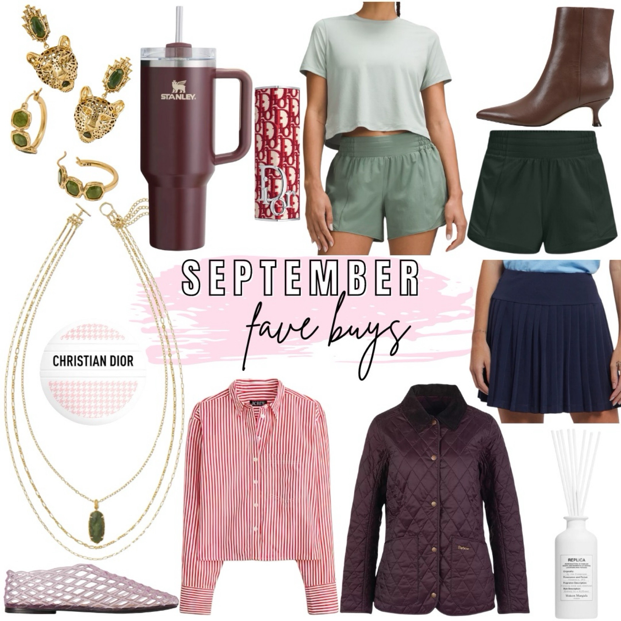 Favorite September buys - Dior lipstick, Barbour field jacket, burgundy Stanley, Kelly flats, lululemon emerald green shorts, red stripe button down, Kendra Scott jewelry 



#LTKStyleTip #LTKFindsUnder100 #LTKSeasonal