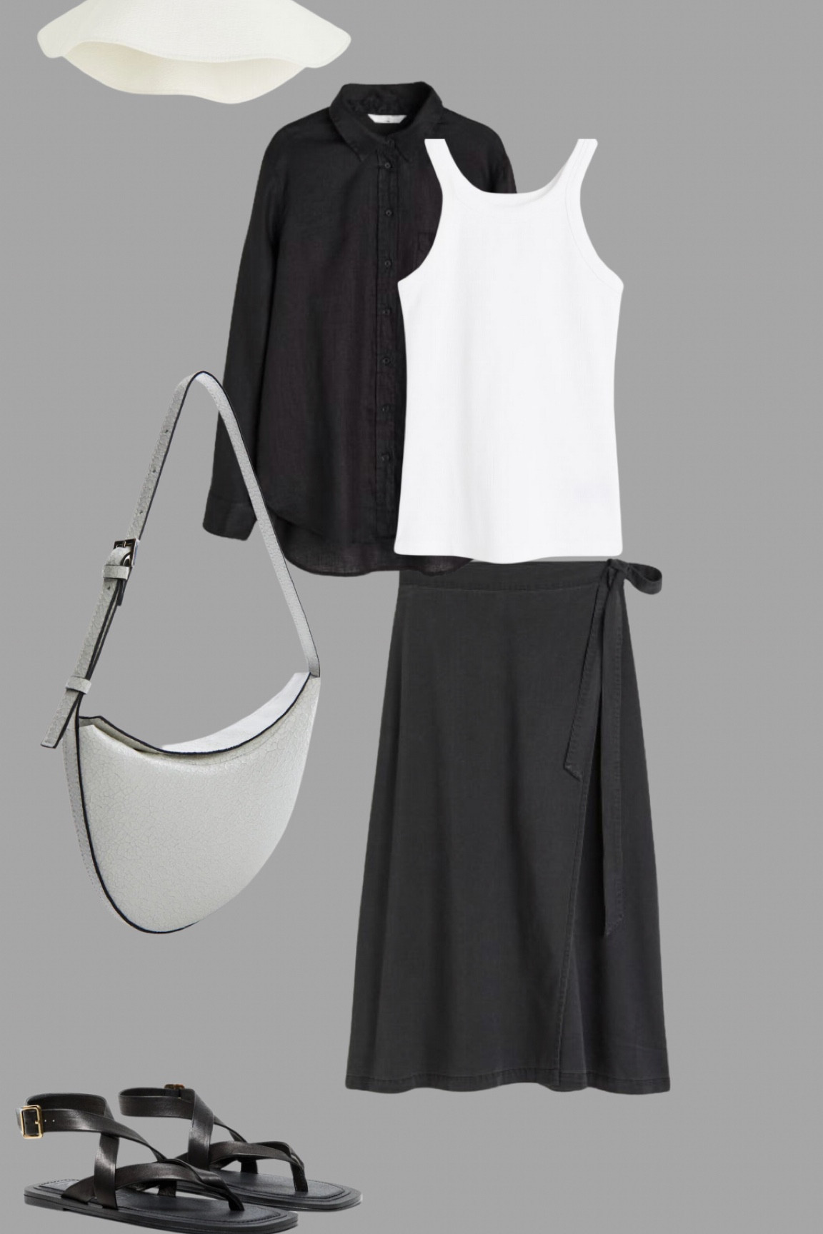 Monochrome summer. Black denim maxi skirt, a white vest and black linen shirt with chunky sandals, a white moon bag and oval sunglasses. 