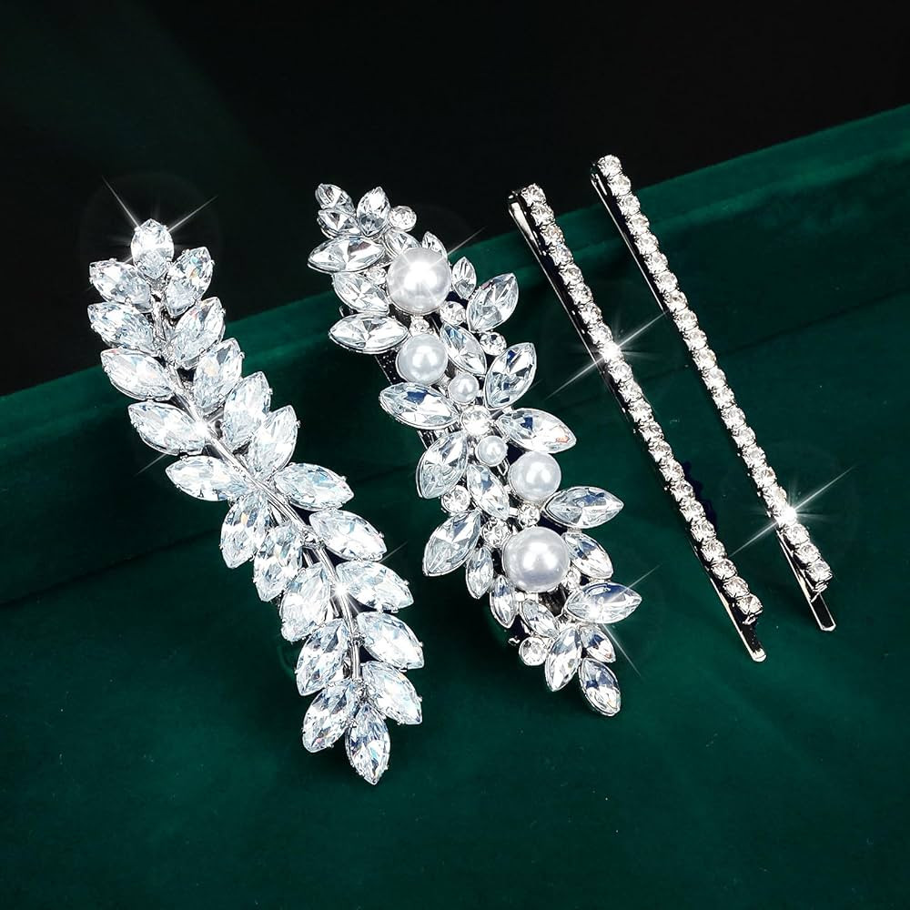 WHAVEL 4PCS Rhinestone Hair Clips, Fancy Hair Clips for Women Silver Hair Clips Bridal Barrettes ... | Amazon (US)