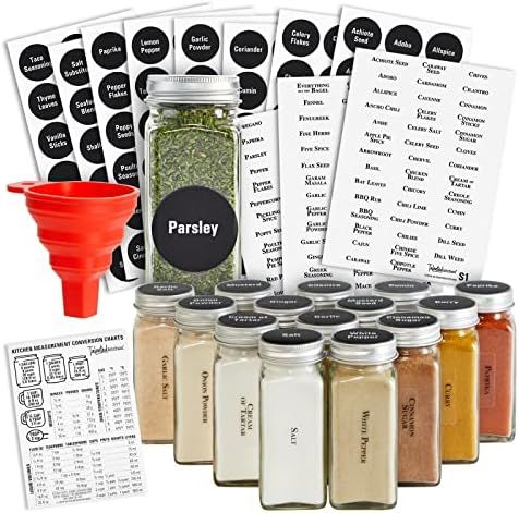 Talented Kitchen 14 Pack Glass Spice Jars with 269 Spice Labels, Empty Square Spice Bottles Conta... | Amazon (US)