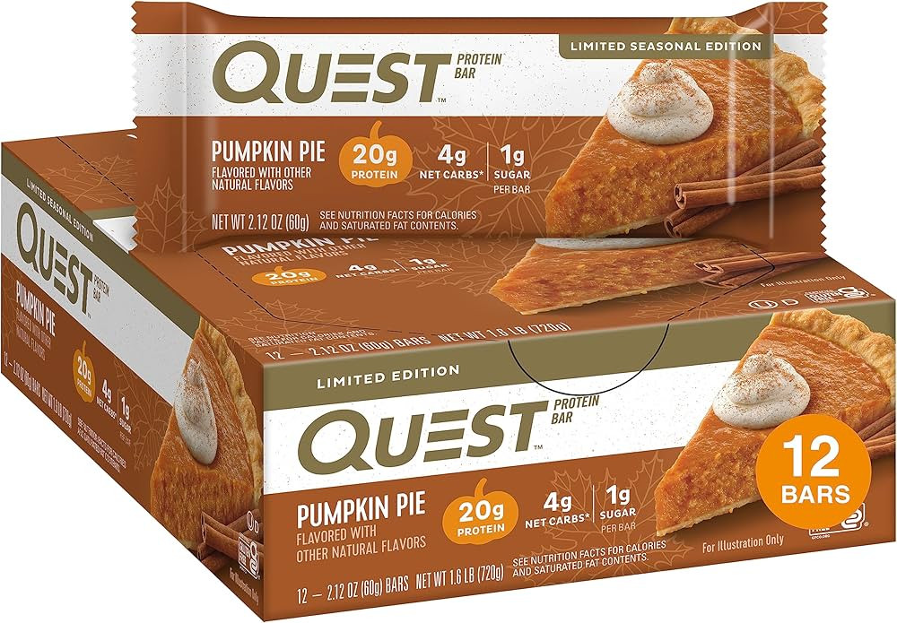 Quest Nutrition Pumpkin Pie Protein Bar, 20g Protein, 4g Net Carb, 1g Sugar, Gluten Free, 12 Coun... | Amazon (US)