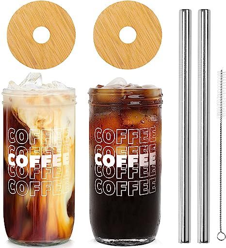 Iced Coffee Mason Jar Cup, Iced Coffee Mason Jar Cups with Lids and Straws, Iced Coffee Glasses C... | Amazon (US)