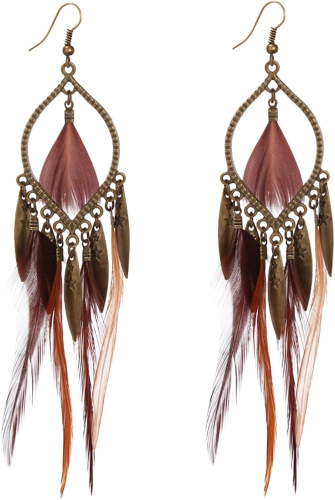 KaFu Nature Feather Earring Lightweight Vintage Long Boho Drop Dangle Earrings Cute Handmade Stat... | Amazon (US)