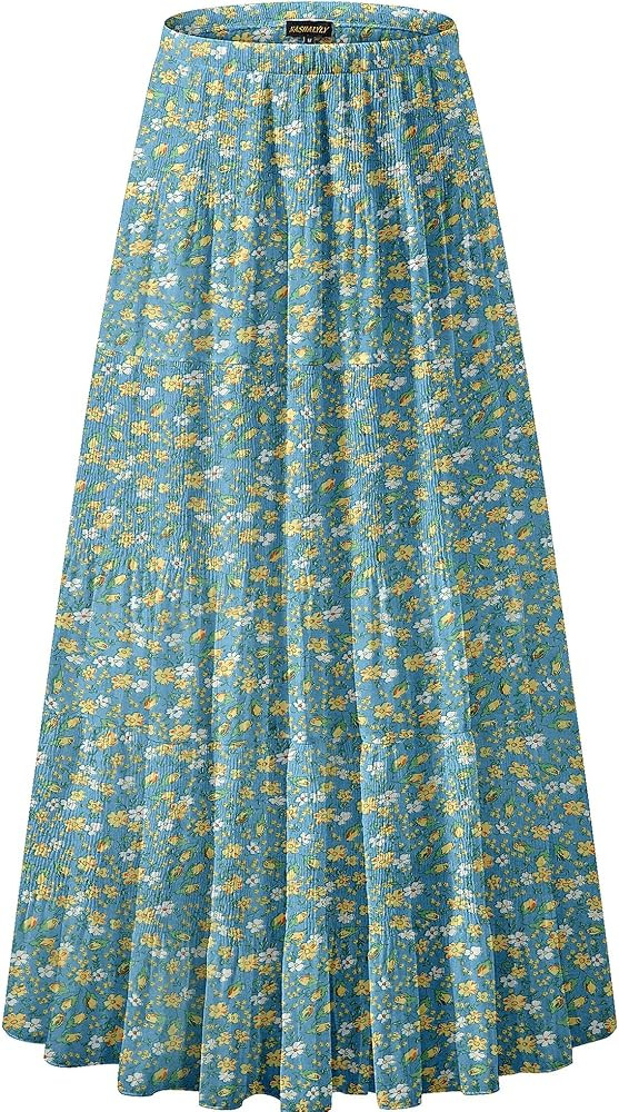 NASHALYLY Women's Chiffon Elastic High Waist Pleated A-Line Flared Maxi Skirts | Amazon (US)