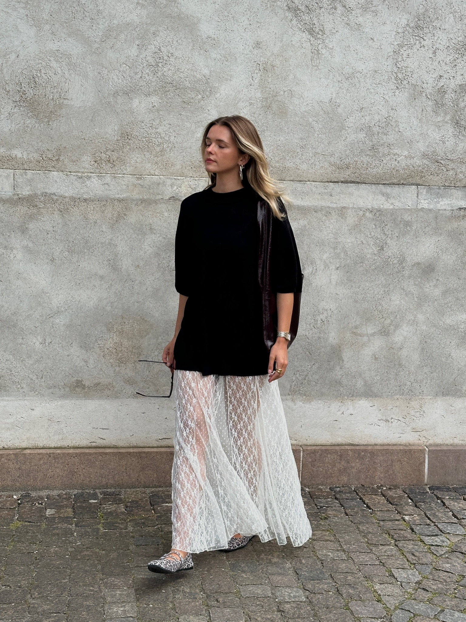ASOS, Free People, Arket, lace dress, lace skirt, black t shirt, black knit top, ballet flats, leopard print shoes, large bag, shoulder bag, work bag, hobo bag, Copenhagen style 

#LTKuk #LTKeurope #LTKsummer