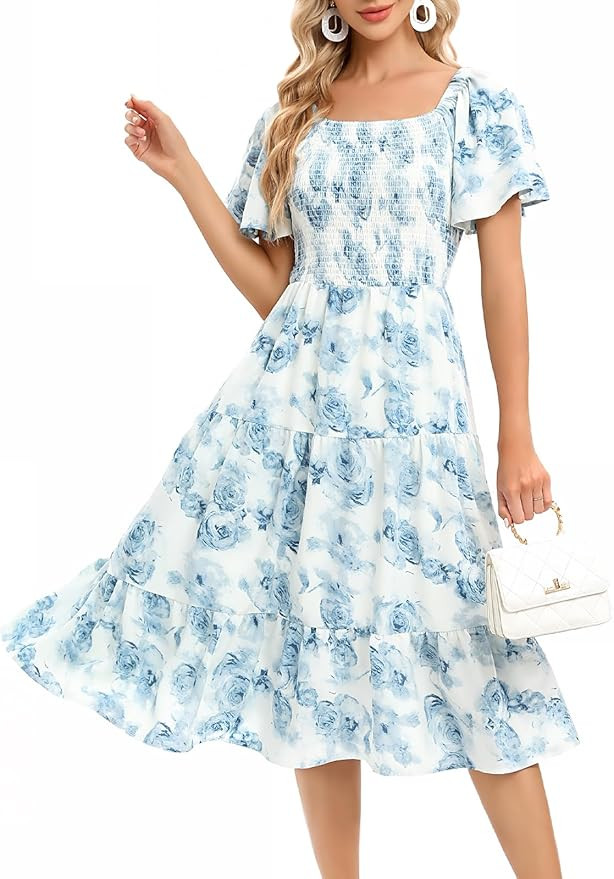 Bbonlinedress Womens Casual Floral Summer Smocked Beach Party Boho Midi Square Neck Dress | Amazon (US)