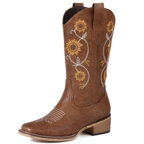 Bybmorto Tan Cowboy Boots for Women - Mid Calf Western Sunflower Cowgirl Boots with Floral Embroidery, Square Toe Stitched Pull On Retro Design, Perfect for Country Idyll, Concerts and More Size 11 | Amazon (US)