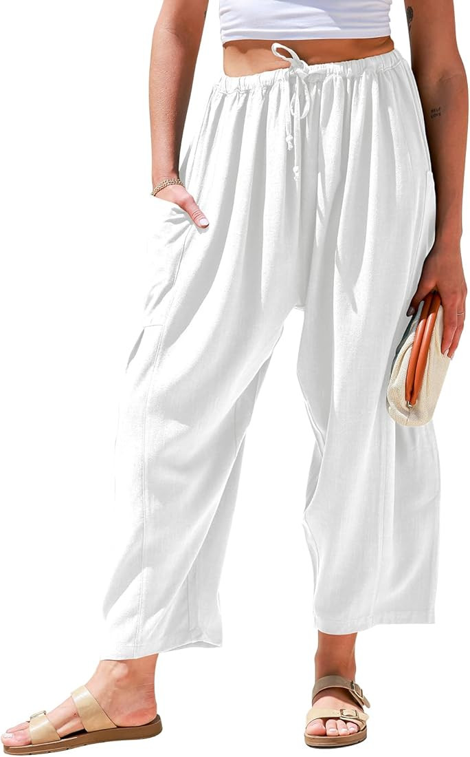 TARSE Womens Linen Wide Leg Pants Casual Loose Drawstring Low Waist Beach Palazzo Harem Pants wit... | Amazon (US)