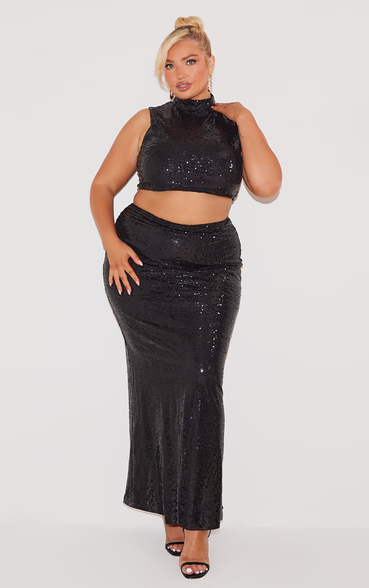 Plus Black Sequin High Waist Maxi Skirt | PrettyLittleThing US
