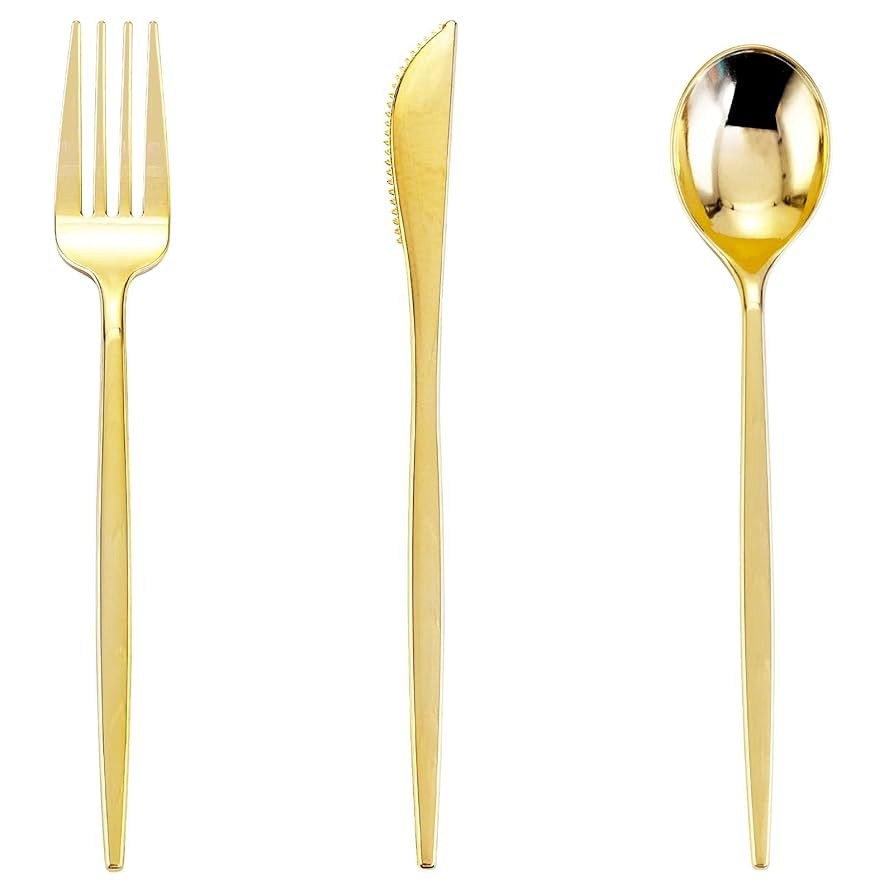 PULOTE 150PCS Gold Plastic Silverware Disposable - Heavy Duty Gold Plastic Cutlery - Gold Plastic... | Amazon (US)