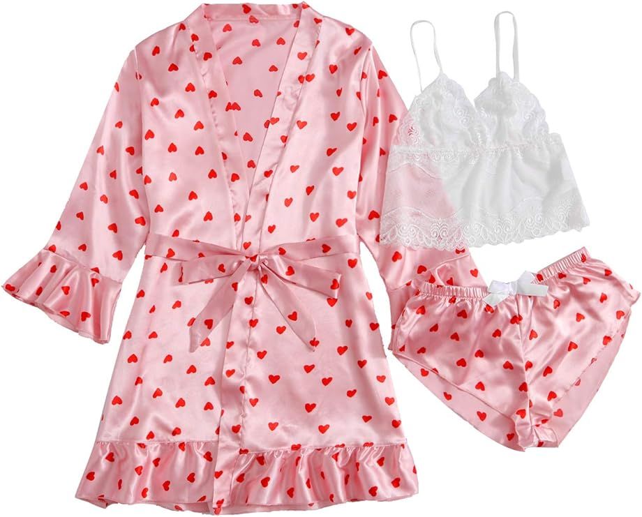 SOLY HUX Women's Sleepwear Floral Lace Trim Satin Cami Pajama Set with Robe | Amazon (US)
