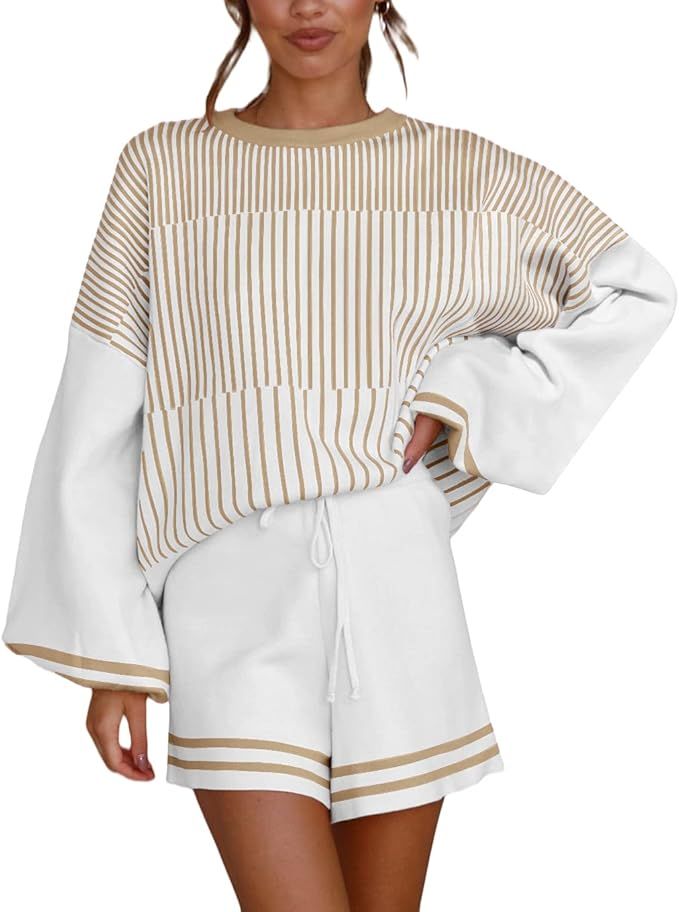 Metyou Women Two Piece Pajama Sets Striped Knit Long Sleeve Tops and Shorts Sleepwear Loungewear ... | Amazon (US)