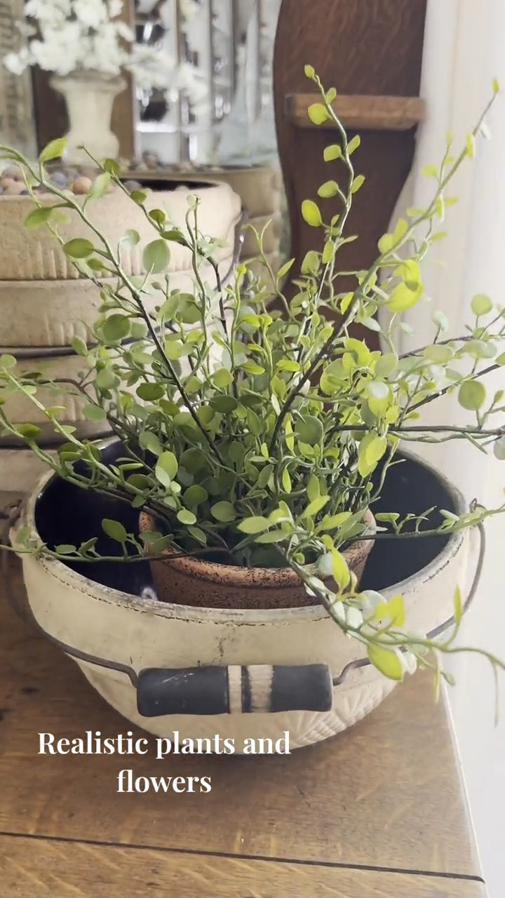 I added this realistic faux plant to an antique crock for a soft Spring look in our living room.  

 #LTKSeasonal #LTKHome #LTKFindsUnder100