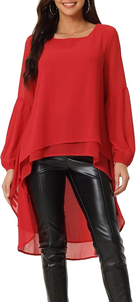 Seta T Women's High Low Tops Lantern Long Sleeve Round Neck Dressy Casual Chiffon Asymmetrical To... | Amazon (US)