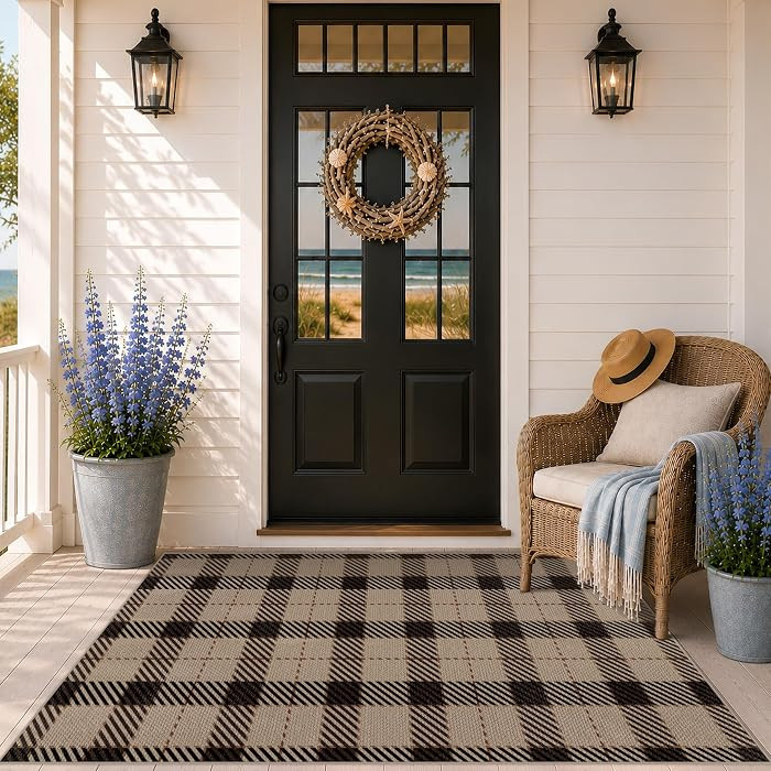 JTJ Outdoor Rug 3x5 for Front Porch, Washable Easy Jute Indoor Outdoor Rug, Non Slip Entryway Area Rug for Patio, Kitchen, Balcony, Farmhouse Black & Tan Plaid Rug | Amazon (US)