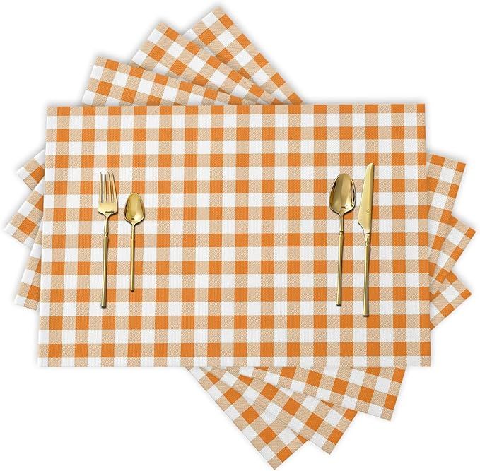 Placemats for Dining Table, Thanksgiving Autumn Orange White Buffalo Check Plaid Gingham Heat-Res... | Amazon (US)