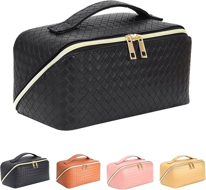 ZAUKNYA Makeup Bag - Large Capacity Travel Cosmetic Bag, Portable Leather Waterproof Women Travel... | Amazon (US)