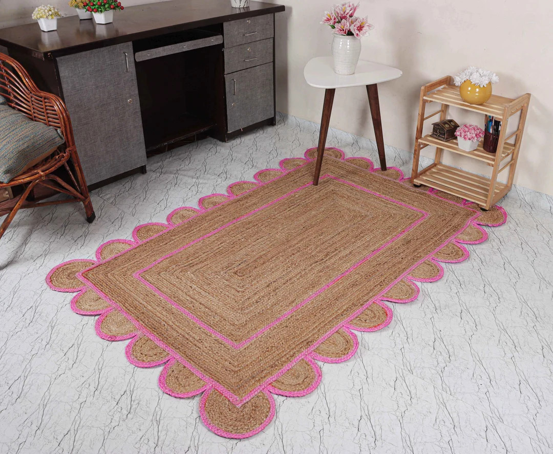 12x16 Ft Indian Hand Braided Rectangle Scalloped Jute Rug Beige Rug With Pink Scalloped Border La... | Etsy (US)