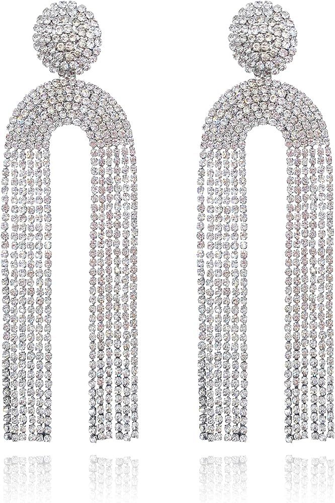 Uncle J Gold/Silver Rhinestone Crystal Long Tassel Dangle Earrings-Fringe Chain Chandelier Drop E... | Amazon (US)