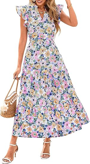 PRETTYGARDEN Women's 2026 Summer Floral Midi Dress Cap Sleeve V Neck Ruffle Long Flowy Boho Casua... | Amazon (US)