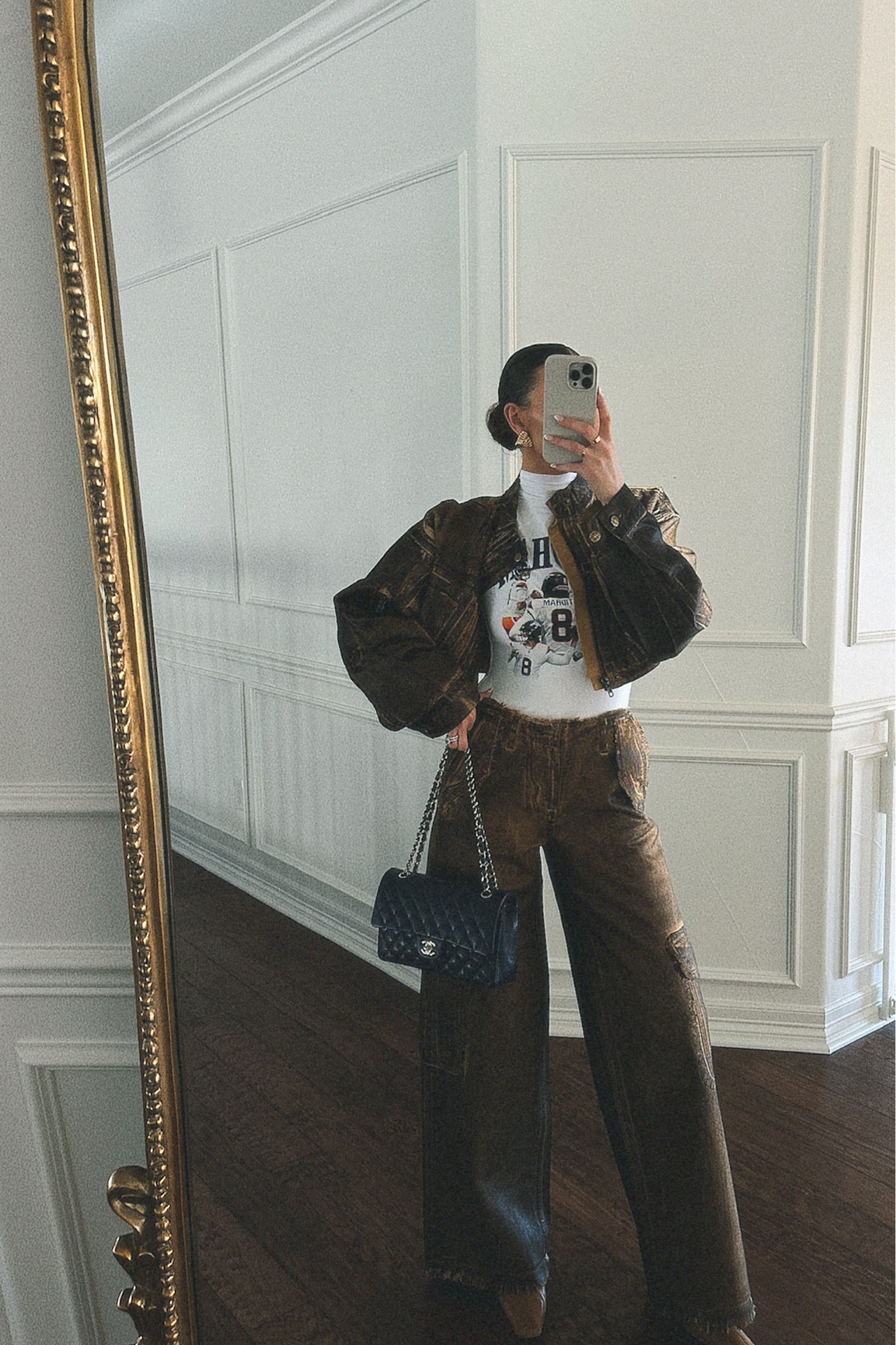 custom top similar linked, revolve jacket and cargo pants, chanel bag, heaven mayhem earrings, song of style boots 🤎