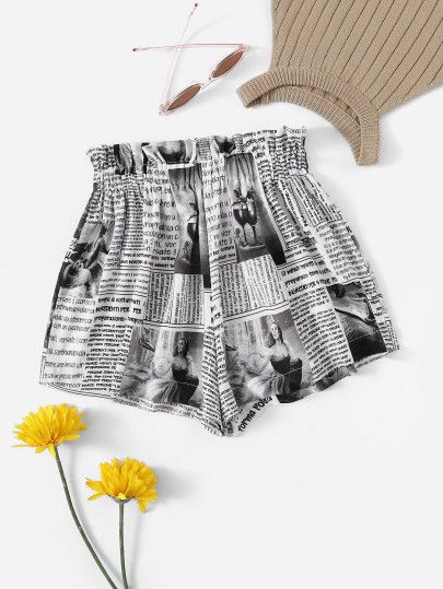 Elastic Waist Magazine Print Paperbag Shorts | SHEIN