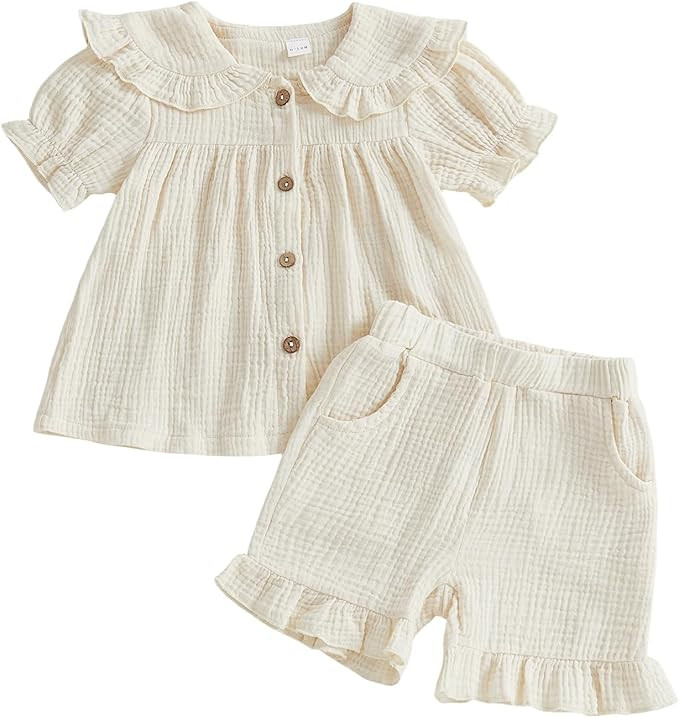 Gueuusu Toddler Girls Linen Outfit Peter Pan Short Sleeve Button Up Shirt Ruffle Shorts Set Beach... | Amazon (US)