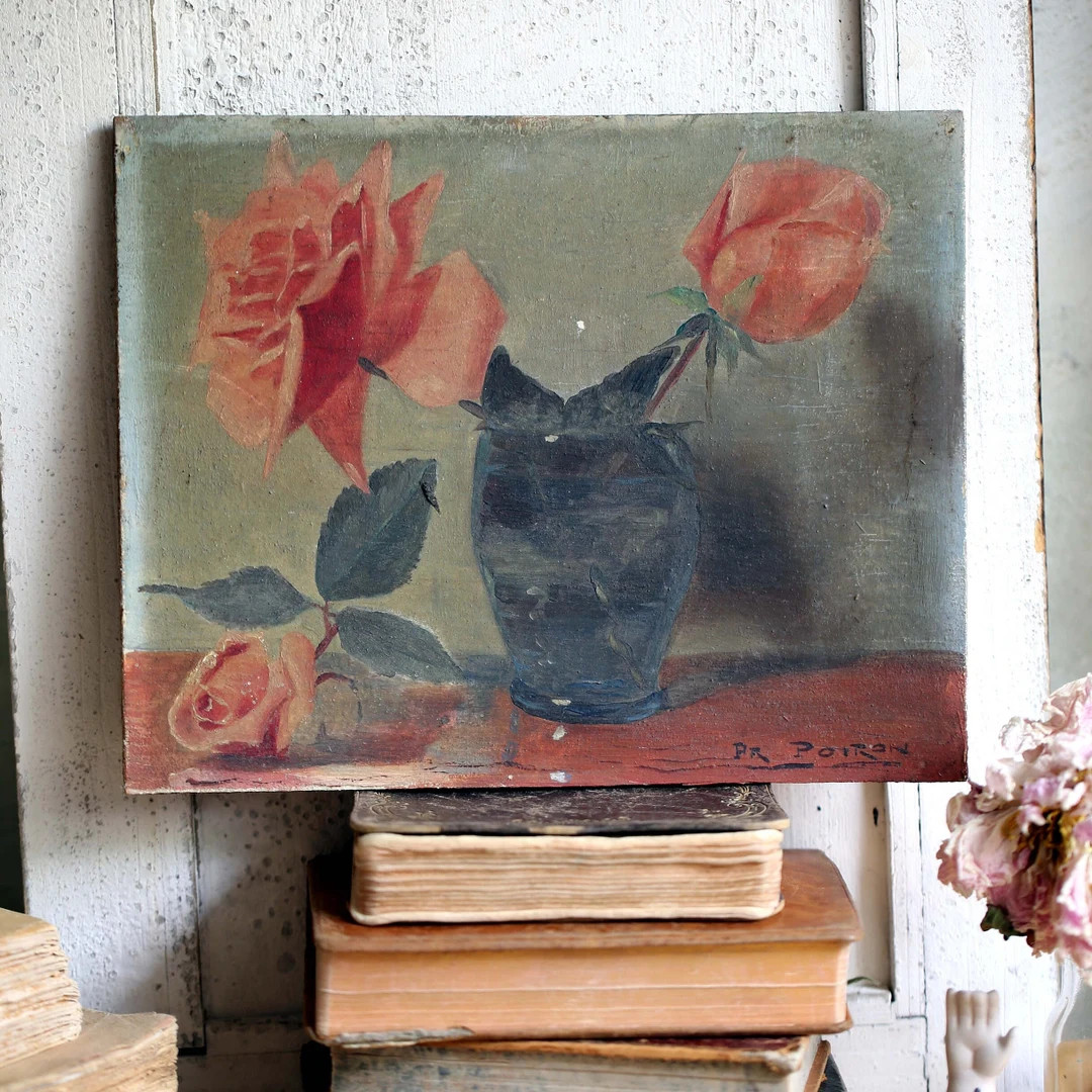 Original Oil Painting Vintage French Impressionist Small Still Life Floral Art on Board With Rose... | Etsy (US)