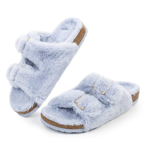 FITORY Womens Open Toe Slipper with Cozy Lining,Faux Rabbit Fur Cork Slide Sandals Blue Size 9 | Amazon (US)