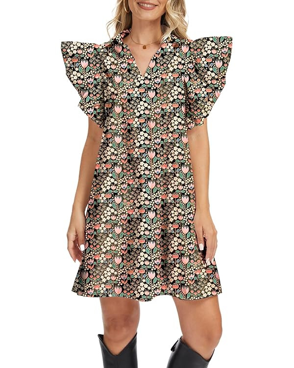 hibshaby Women's Floral Babydoll Mini Dress V-Neck Ruffle Sleeve Cute Dress Sundress | Amazon (US)