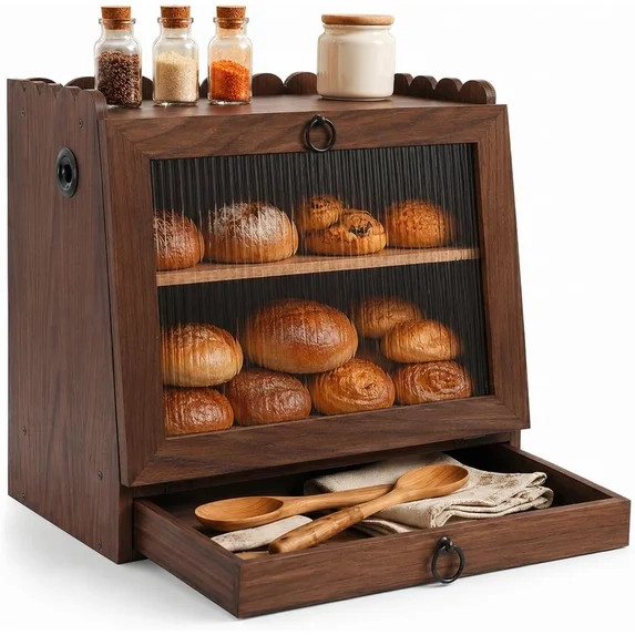 Bread Box for Kitchen Scalloped Countertop Wooden Double Layer Bread | Container Bin Breadbox Hol... | Walmart (US)