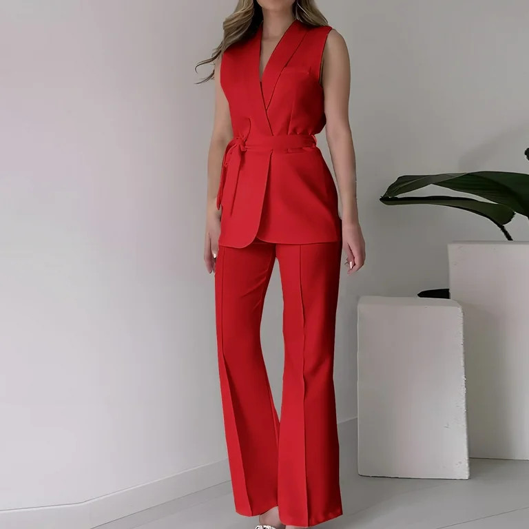 Xdegoge Womens 2 Piece Business Casual Outfits Sleeveless V-Neck Suit Vest with Belt Work formal ... | Walmart (US)