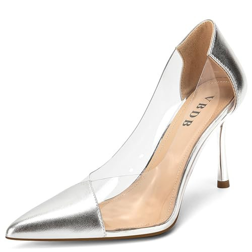 VBDB Clear High Heels for Women Pointed Closed Toe Stiletto Pumps Sexy Dressy Shoes Silver 9 | Amazon (US)