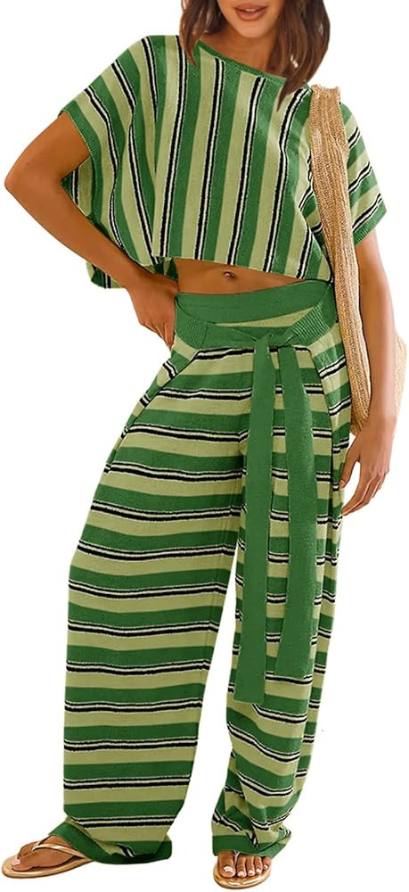 Tankaneo Womens Striped Sweater Set 2 Piece Oversized Batwing Sleeve Crop Tops and Wide Leg Pants... | Amazon (US)