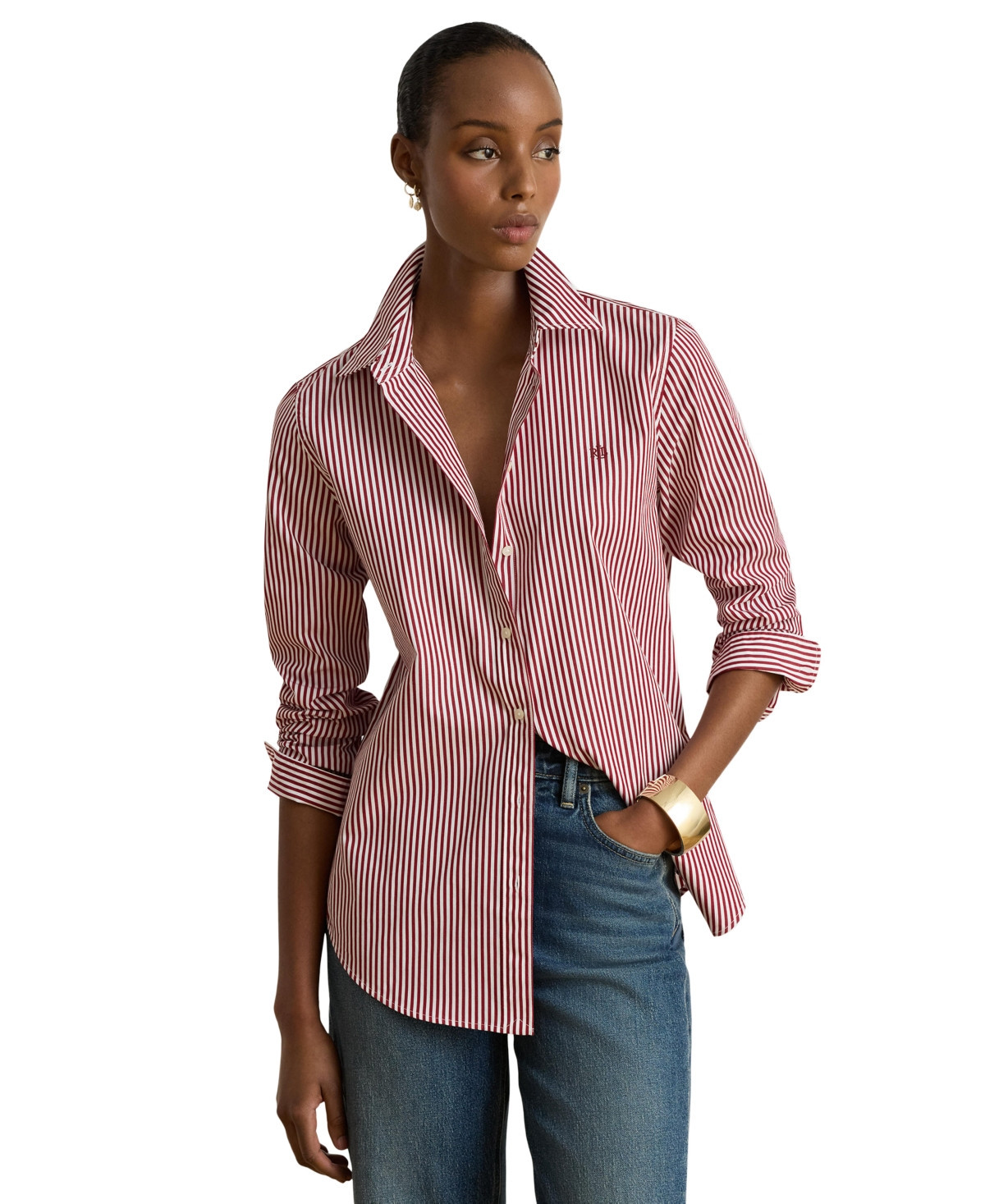 Lauren Ralph Lauren Women's Striped Long-Sleeve Button-Down Shirt - Burgundy/white | Macy's