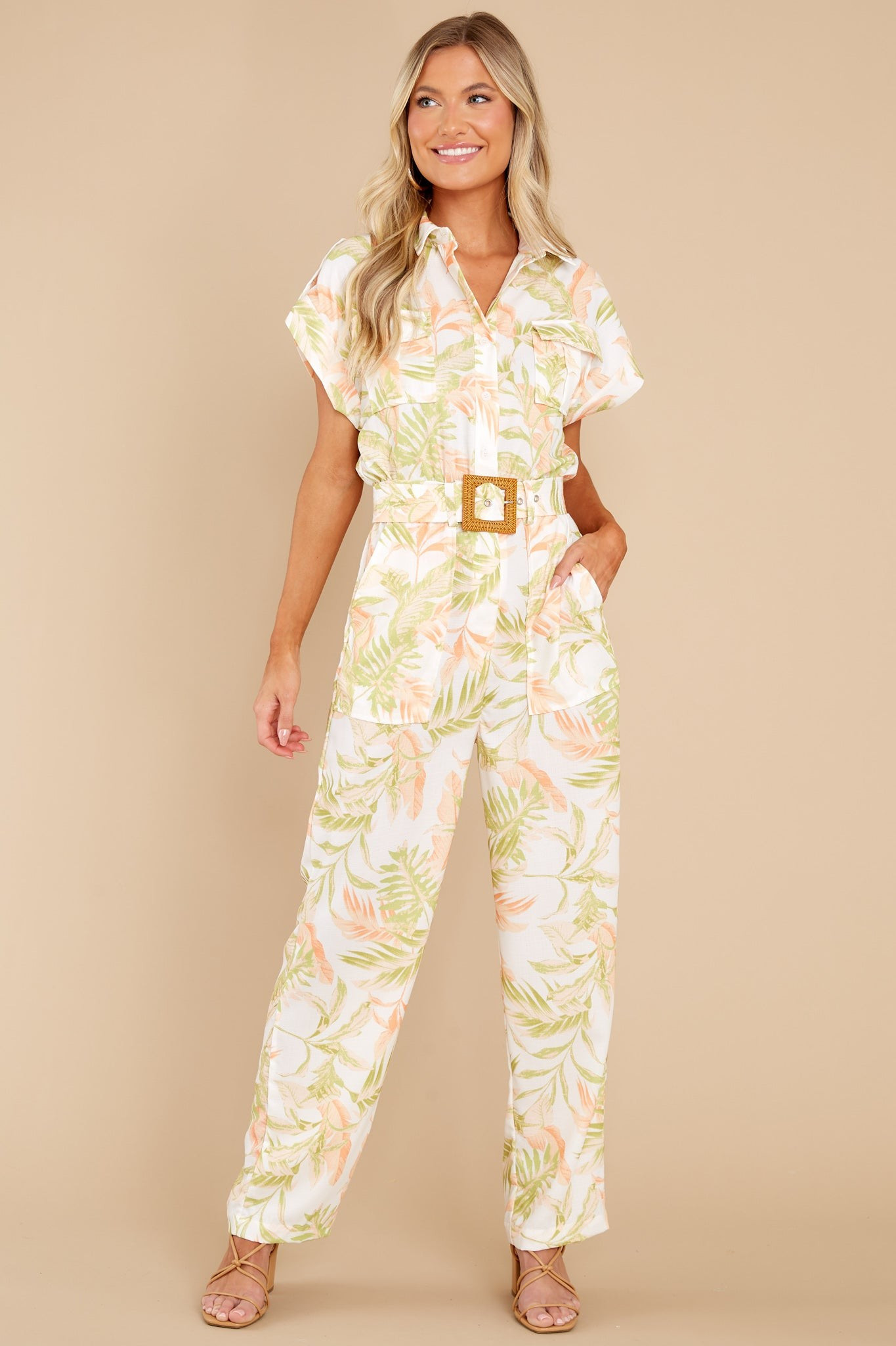 Phases And Stages White Multi Leaf Print Jumpsuit | Red Dress 
