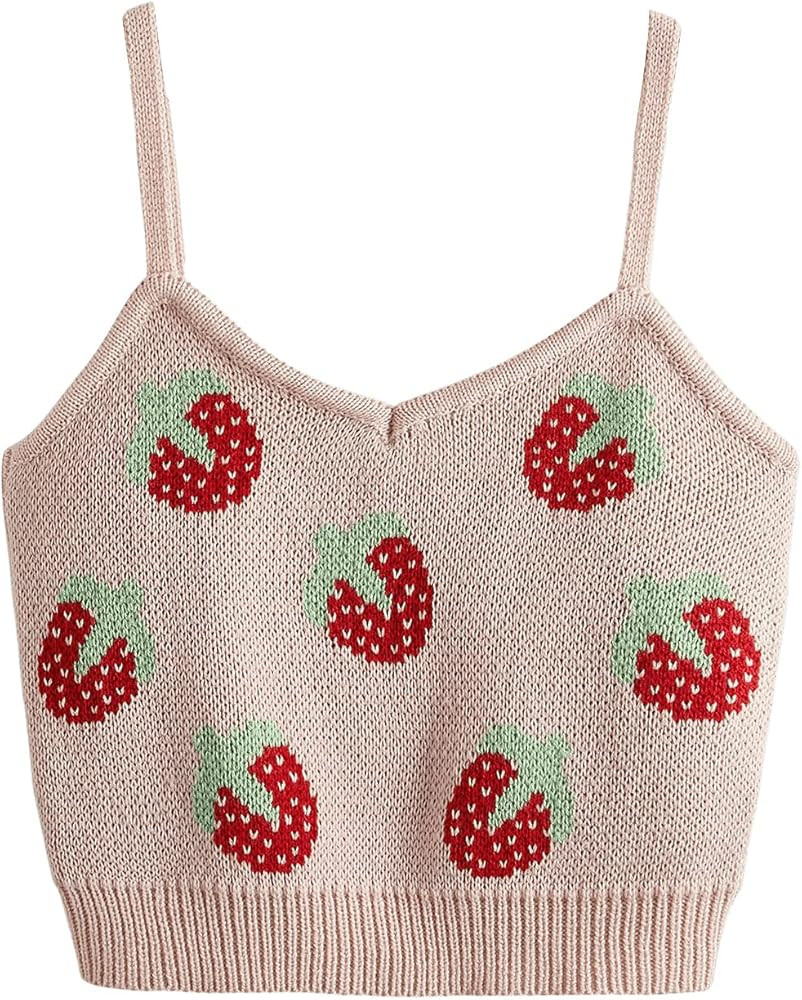 SweatyRocks Women's Lace Patchwork Spaghetti Strap Crop Cami Cute Ribbed Knit Slim Fit V Neck Cam... | Amazon (US)