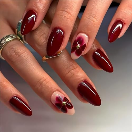 Press on Nails Medium Almond Red Fake Nails with Flower Rhinestone Designs Stick on Nail for Women 24 Pcs (Red-28, M-28) | Amazon (US)